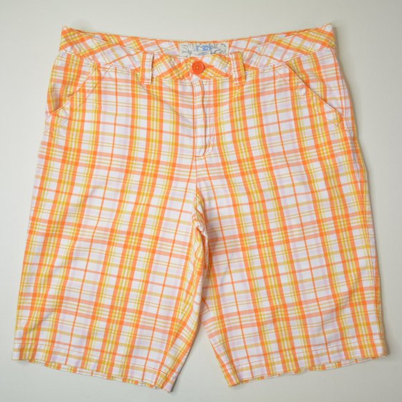 LFL 1982 Size 10 Womens ORANGE White Yellow PLAID Long BERMUDA Cotton SHORTS - Picture 1 of 3